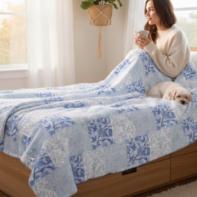 French Cottage Quilted Pattern Blue Floral Fleece Blanket (Creator Uploaded)