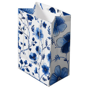 French Cottagecore Blue Floral Patterns Tissue Pap Medium Gift Bag