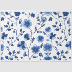 French Cottagecore Blue Floral Patterns Tissue Pap Paper