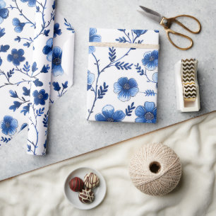 French Cottagecore Blue Floral Patterns Tissue Pap Wrapping Paper