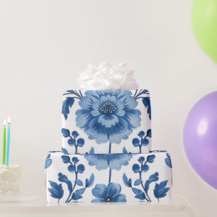 French Cottagecore Blue Floral Patterns Wrapping Paper