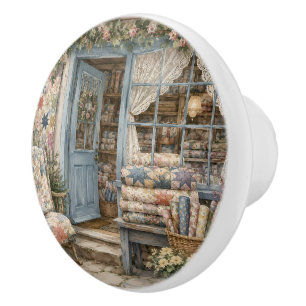 French Cottagecore Quilt Shop Watercolor Ceramic Knob