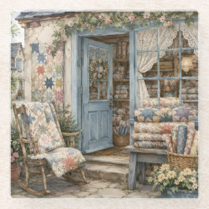 French Cottagecore Quilt Shop Watercolor Glass Coaster