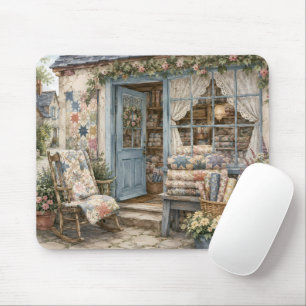 French Cottagecore Quilt Shop Watercolor Mouse Mat