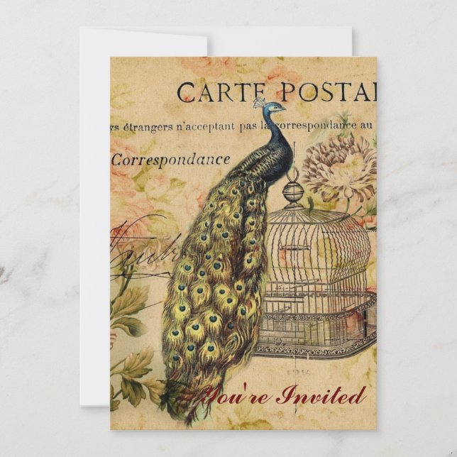 french country art nouveau vintage peacock invitation (Front)
