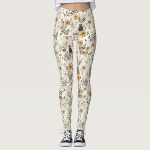 French Country Beige Owl Floral Pattern Leggings