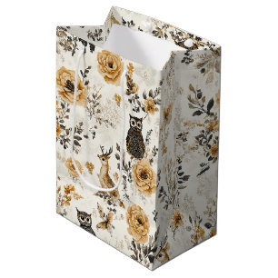 French Country Beige Owl Floral Pattern Medium Gift Bag