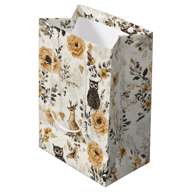 French Country Beige Owl Floral Pattern Medium Gift Bag (Front Angled)
