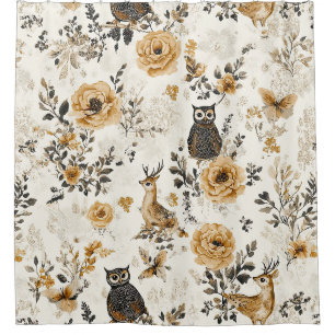 French Country Beige Owl Floral Pattern Shower Curtain