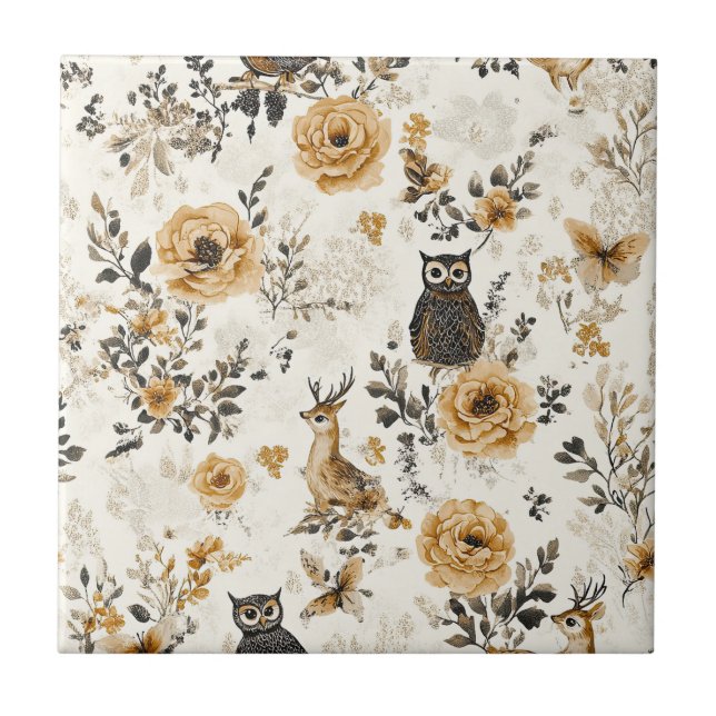 French Country Beige Owl Floral Pattern Tile (Front)