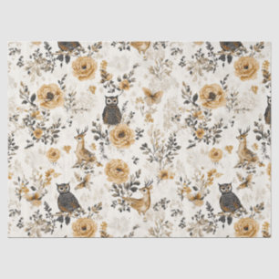 French Country Beige Owl Floral Pattern Tissue Paper