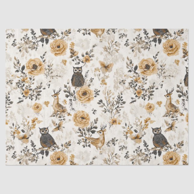 French Country Beige Owl Floral Pattern Tissue Paper (Front)