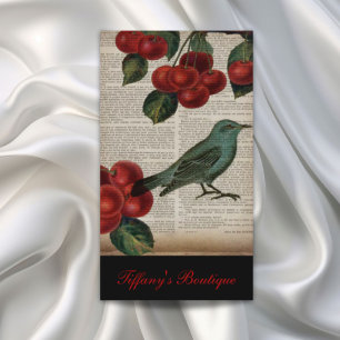 french country bird retro botanical red cherry business card