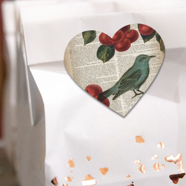 french country bird retro botanical red cherry heart sticker (french country bird retro botanical red cherry heart sticker)