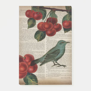 french country bird retro botanical red cherry post-it notes