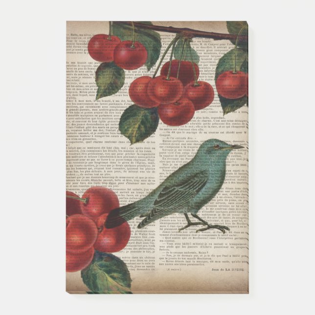 french country bird retro botanical red cherry post-it notes (Front)