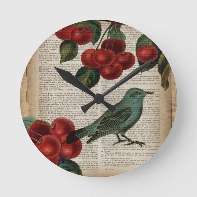 french country bird retro botanical red cherry round clock (Front)