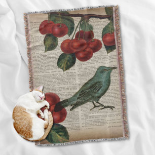 french country bird retro botanical red cherry throw blanket