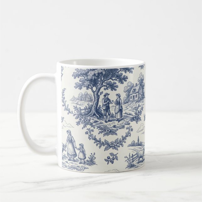 French Country - Blue & Cream Toile Countryside Coffee Mug (Left)
