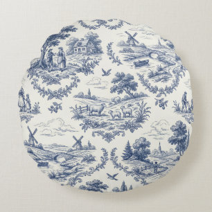 French Country - Blue & Cream Toile Countryside Round Cushion