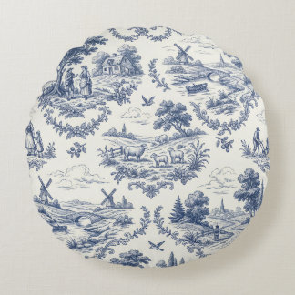 French Country - Blue & Cream Toile Countryside Round Cushion