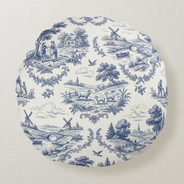 French Country - Blue & Cream Toile Countryside Round Cushion (Front)