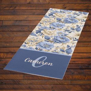 French Country Blue Floral Peonies Roses Monogram Yoga Mat
