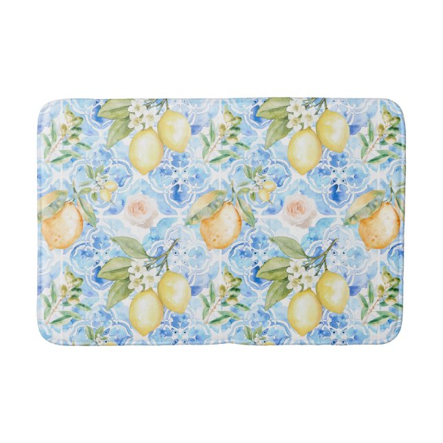 French Country Blue Tile Yellow Lemon Watercolor Bath Mat (Front)