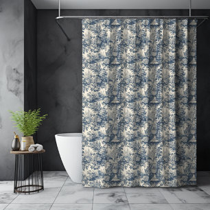 French Country Blue Toile de Jouy Floral Shower Curtain