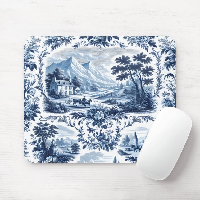French Country Blue Toile Mouse Mat (With Mouse)