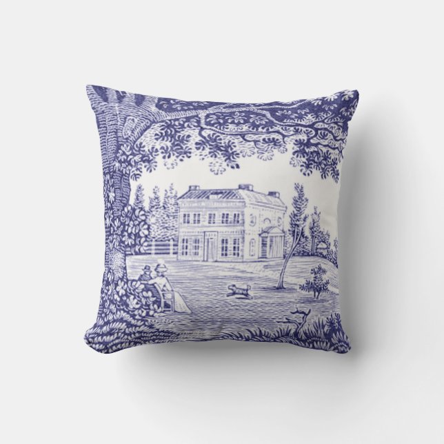French Country Blue Toile Pillow - Garden Scene (Front)