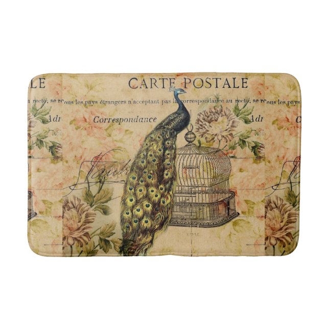french country botanical art vintage peacock bath mat (Front)