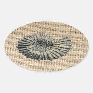 french country burlap beach coastal chic seashell oval sticker