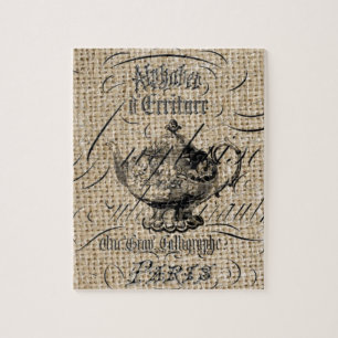 french country burlap scripts teapot tea party jigsaw puzzle