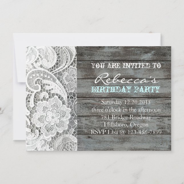 french country chic barn wood and lace invitation (Back)