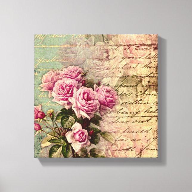 French country chic,shabby chic, pink roses, flora canvas print (Front)