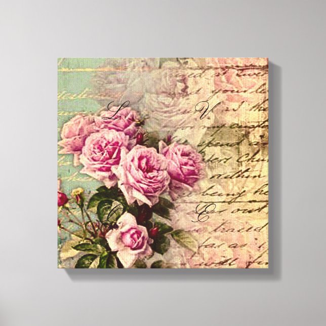 French country chic,shabby chic, pink roses, flora canvas print (Front)