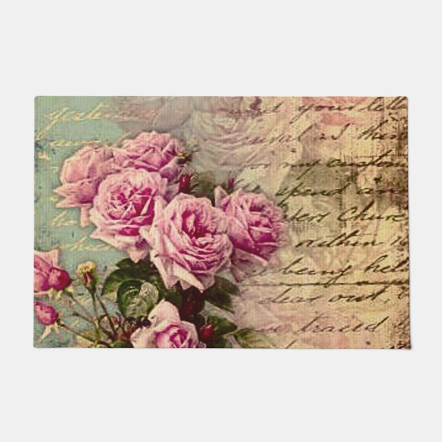 French country chic,shabby chic, pink roses, flora doormat (Front)