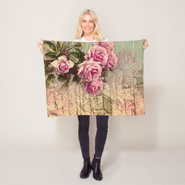 French country chic,shabby chic, pink roses, flora fleece blanket (In Situ)