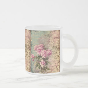 French country chic,shabby chic, pink roses, flora frosted glass coffee mug