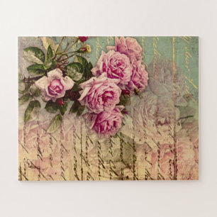 French country chic,shabby chic, pink roses, flora jigsaw puzzle