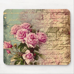 French country chic,shabby chic, pink roses, flora mouse mat