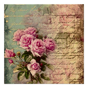 French country chic,shabby chic, pink roses, flora poster