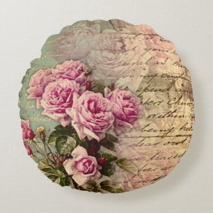 French country chic,shabby chic, pink roses, flora round cushion