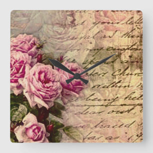 French country chic,shabby chic, pink roses, flora square wall clock