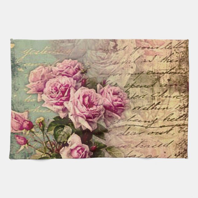 French country chic,shabby chic, pink roses, flora tea towel (Horizontal)