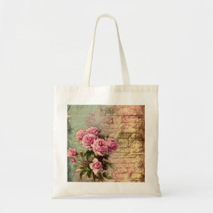 French country chic,shabby chic, pink roses, flora tote bag