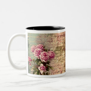 French country chic,shabby chic, pink roses, flora Two-Tone coffee mug
