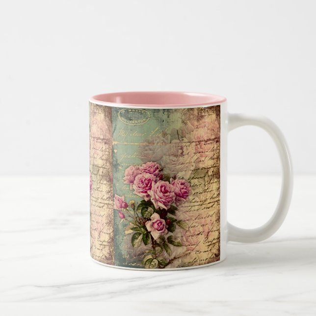 French country chic,shabby chic, pink roses, flora Two-Tone coffee mug (Right)