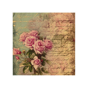 French country chic,shabby chic, pink roses, flora wood wall art